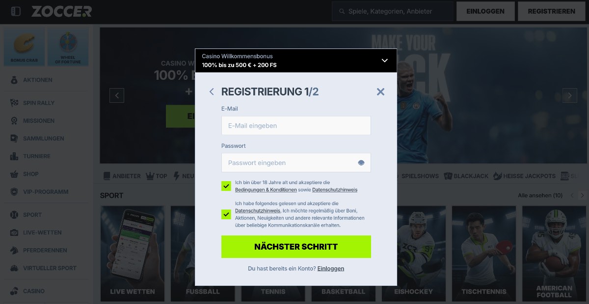 Zoccer Online Casino Registrierung