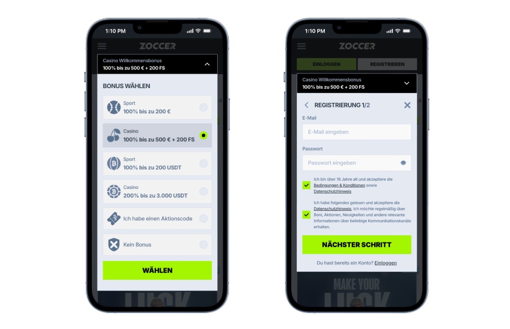 Zoccer Smartphone Registrierung